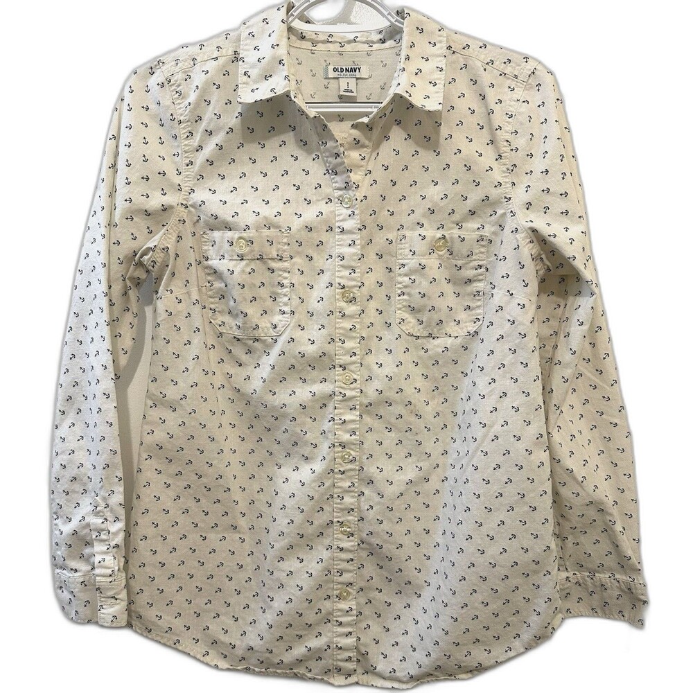 Old Navy Anchor Shirt Small Nautical 100% Cotton White Navy Button Down Pockets